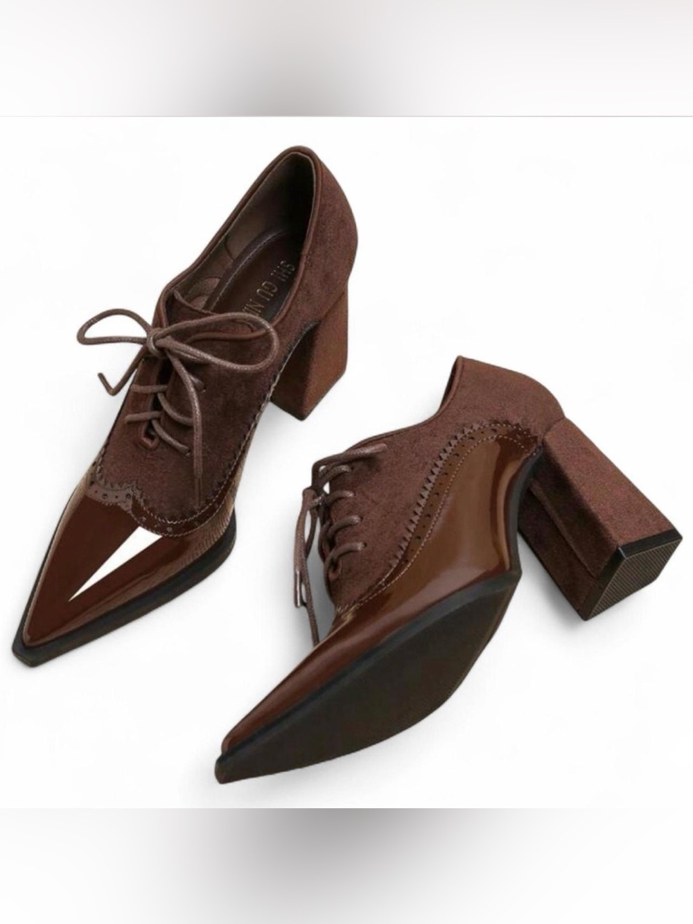 NIB EURO |SZ 41 US 9| Vintage Brown Leather Chunky Oxford Pointed Toe Heel Shoes - Picture 5 of 6